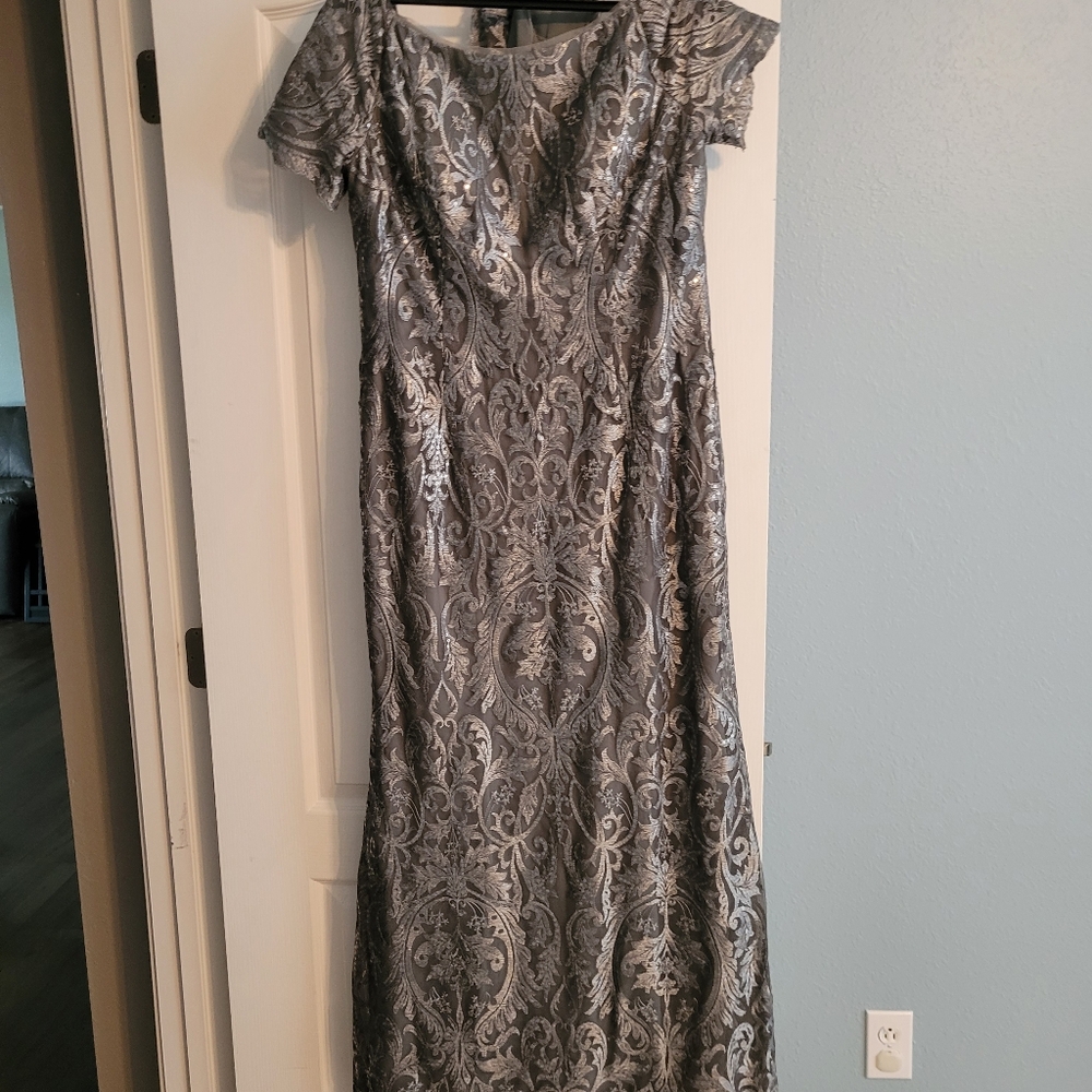 Chic Silver Brocade Maxi Dress
